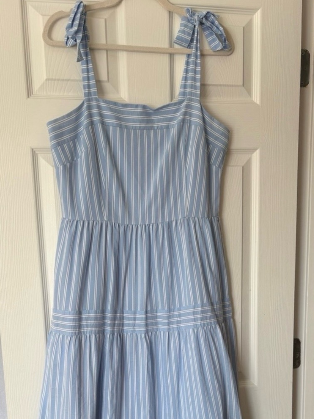 ANTONIO MELANI Light Blue and White Striped Tie-Shoulder Kids Dress